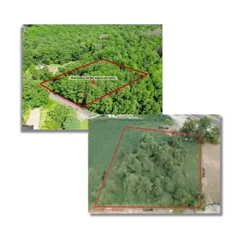 Aerial views of surveyed residential lots with property boundaries marked for luxury home development