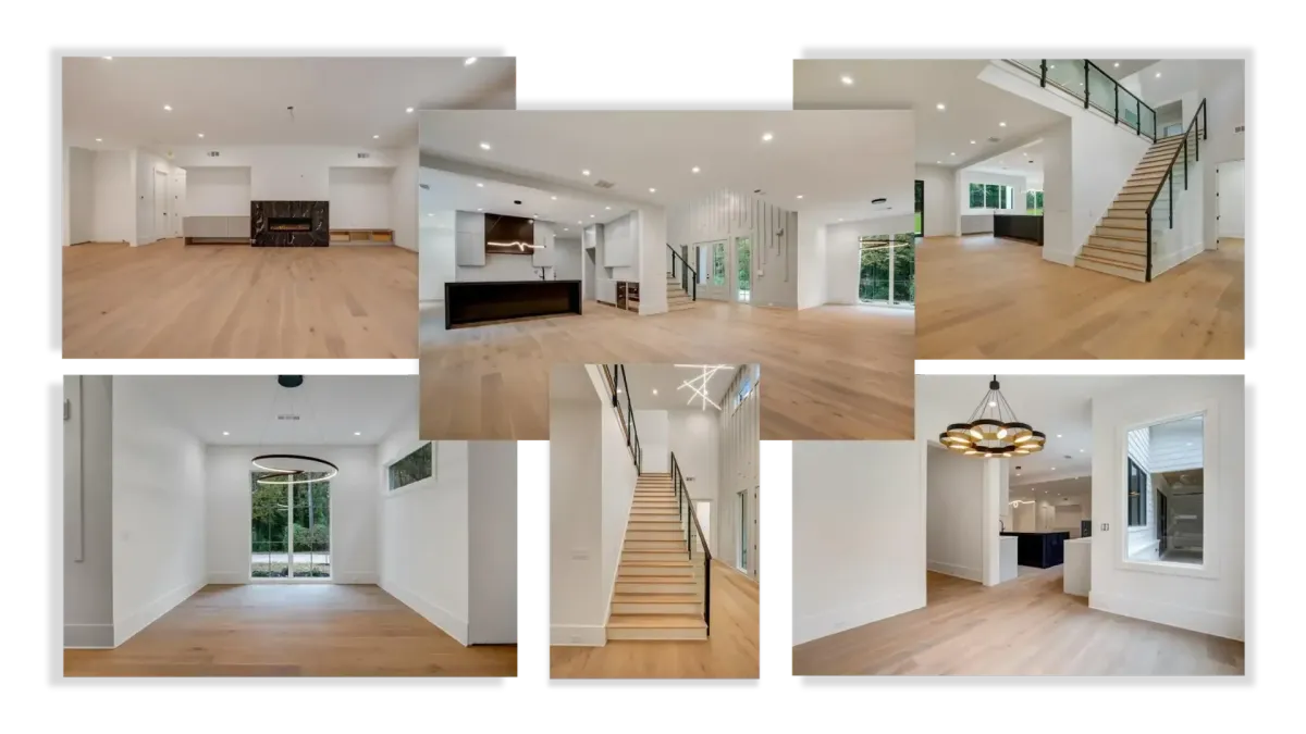 Luxury custom home interiors featuring designer kitchen, elegant living spaces, and spa bathroom