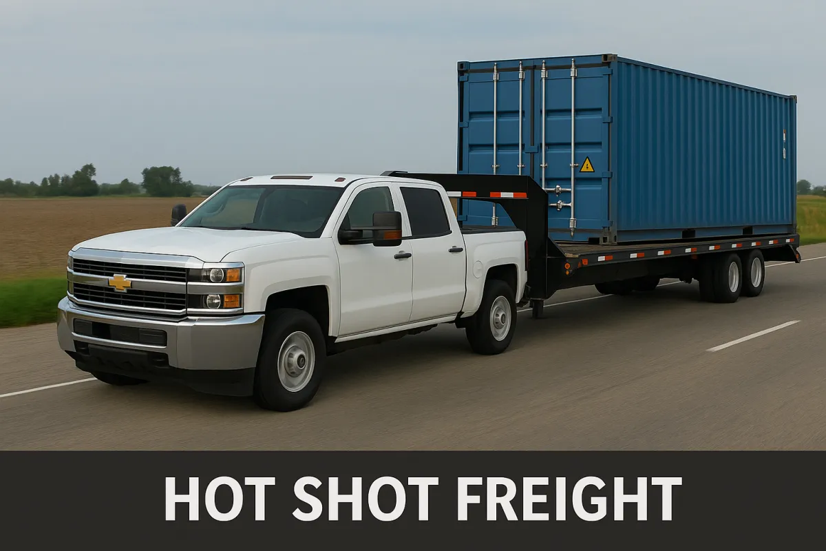 White dually truck towing a gooseneck trailer loaded with a blue shipping container on a two-lane highway - Hot shot delivery