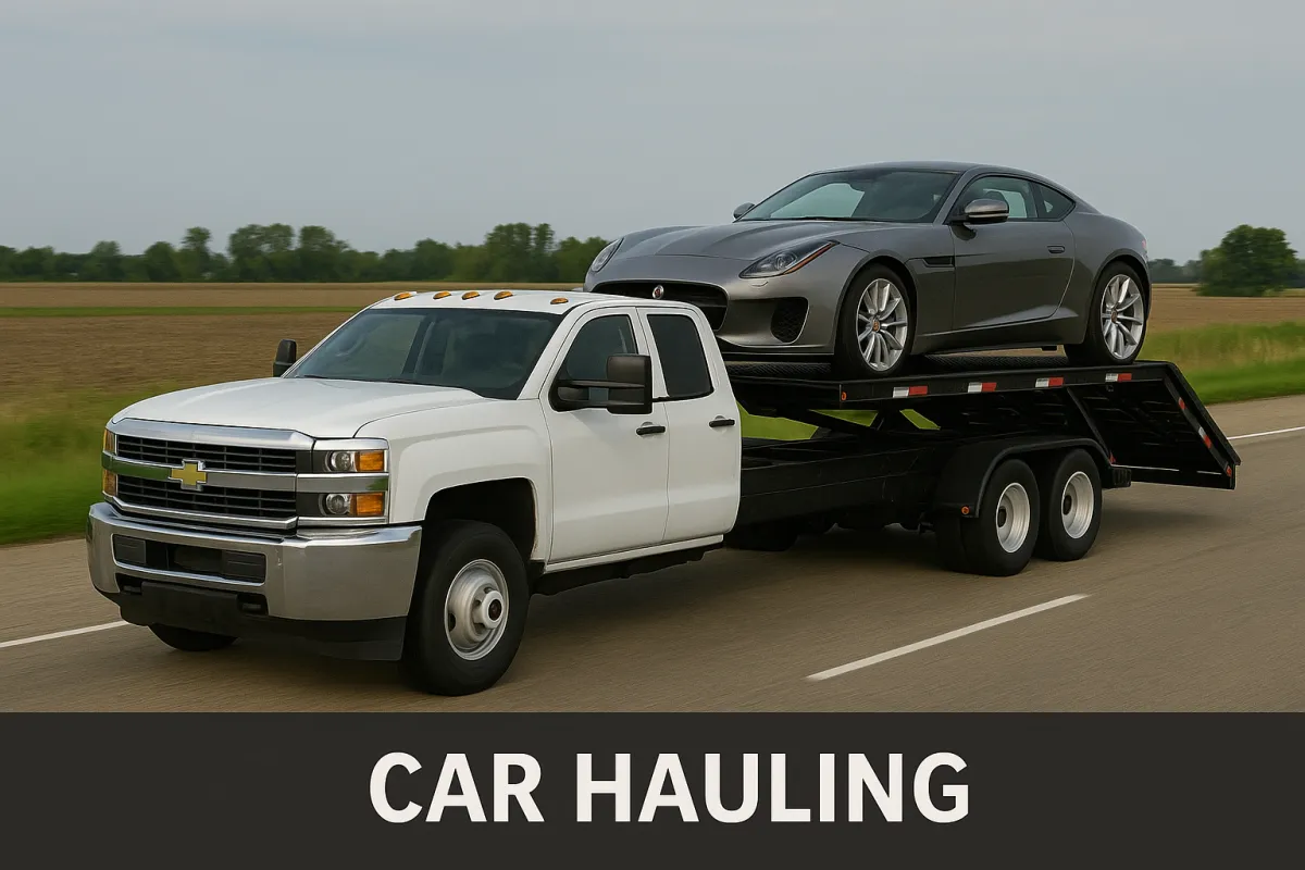 White dually truck with vehicle transport trailer hauling a car in the Central Valley of California.