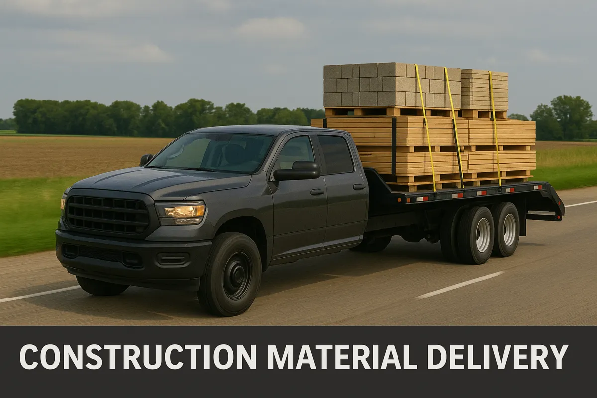 Dark gray dually pickup truck hauling a flatbed loaded with lumber and concrete blocks on a sunny rural road - Construction Material Delivery