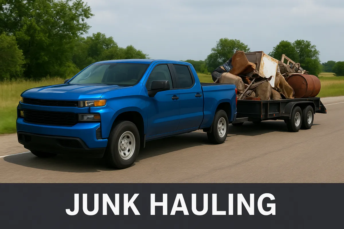 Blue truck with trailer hauling junk – Junk Hauling Servic