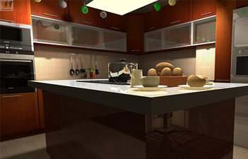 Dark wood kitchen island and cabinets