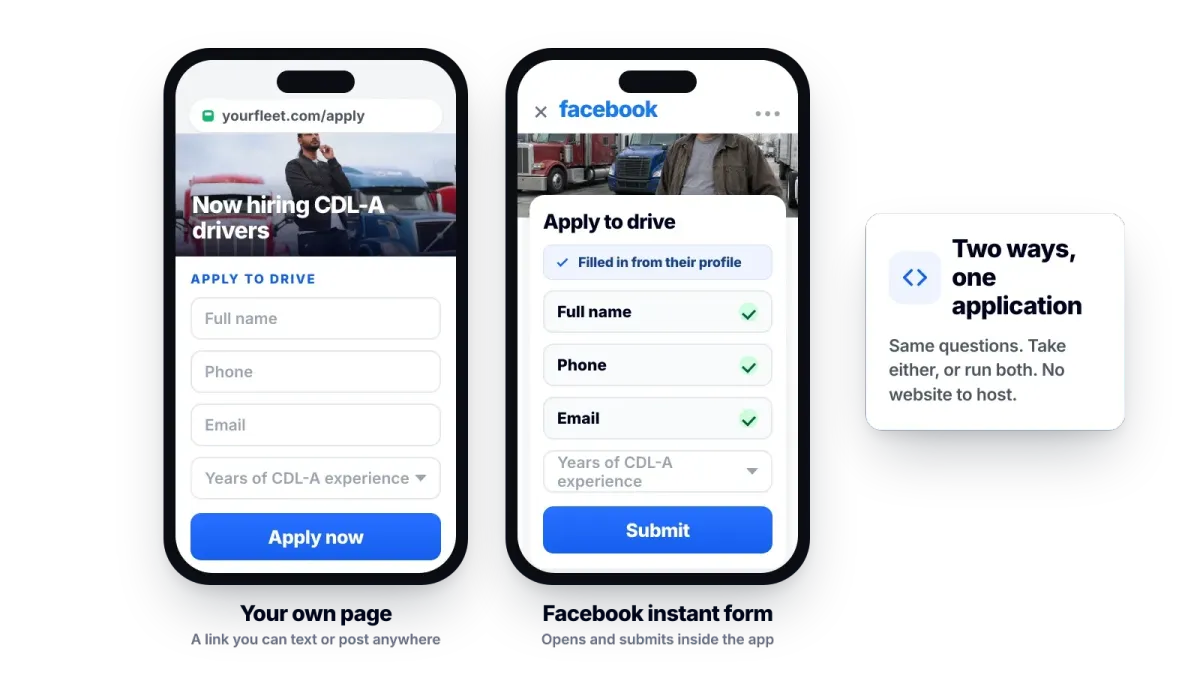 The short driver application shown two ways: a one page site on the left and a Facebook instant form on the right