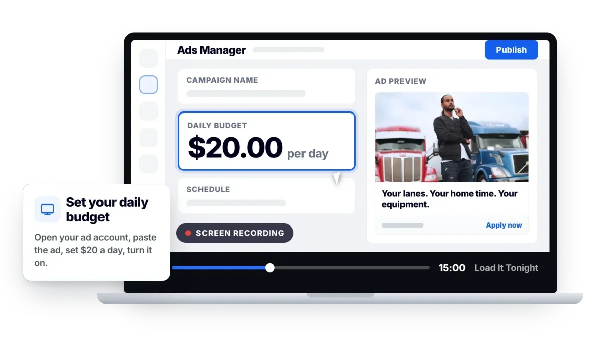 The Load It Tonight walkthrough: a screen recording of an ad account with the daily budget set to twenty dollars a day
