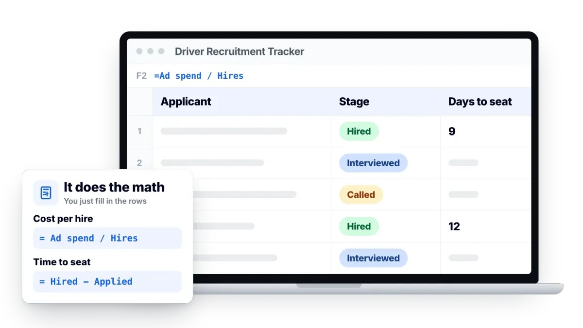 Driver recruitment spreadsheet open on a laptop, tracking every applicant's stage and days to seat