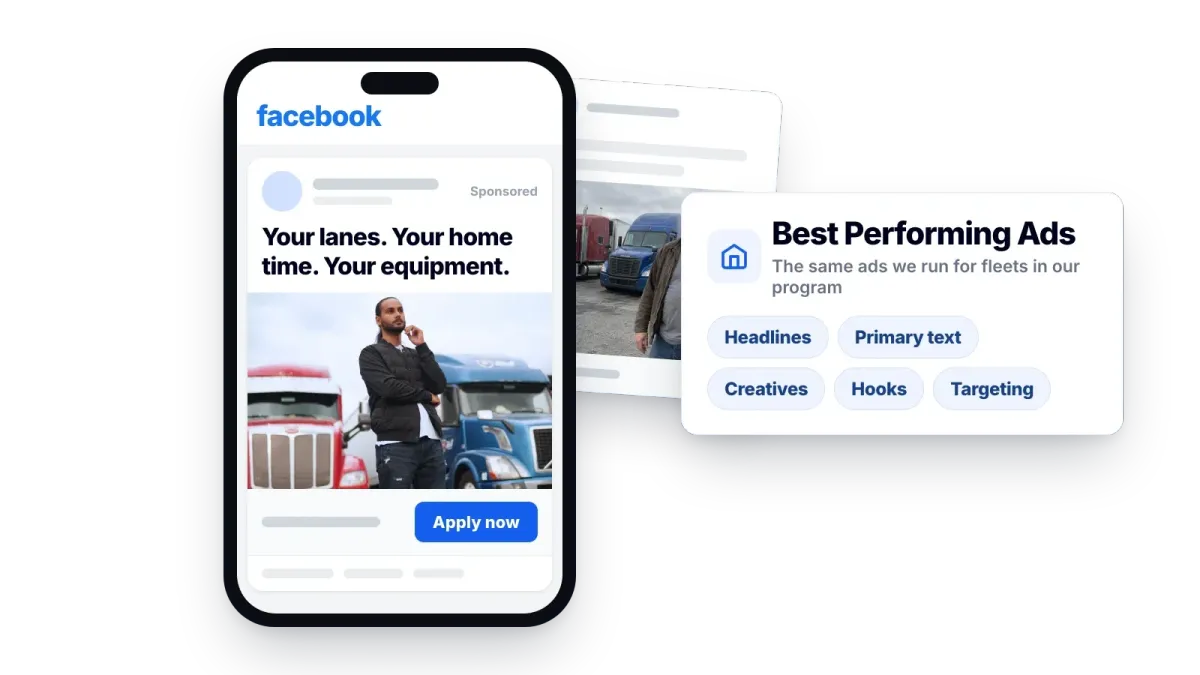 A driver recruitment ad running in the Facebook feed on a phone, with more ads from the pack behind it