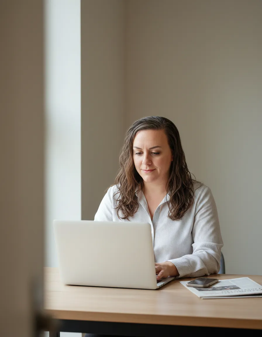Brenda Brusegard of Informed Tech Solutions working focused at a laptop by a window
