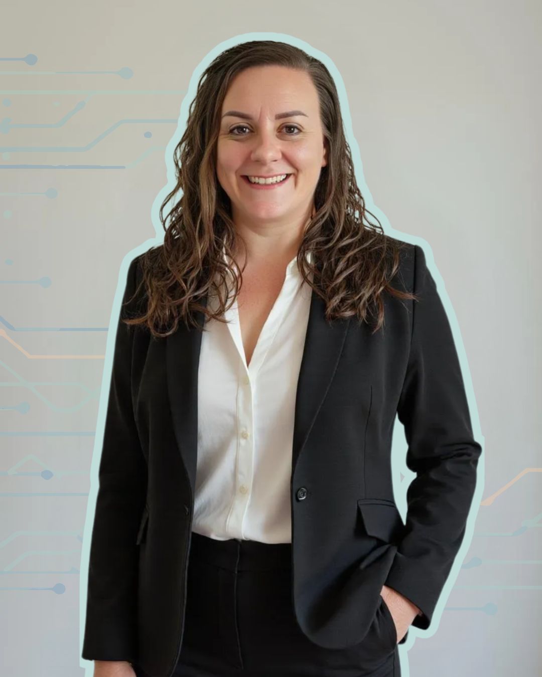 Brenda Brusegard, founder of Informed Tech Solutions, in a blazer against a circuit board background