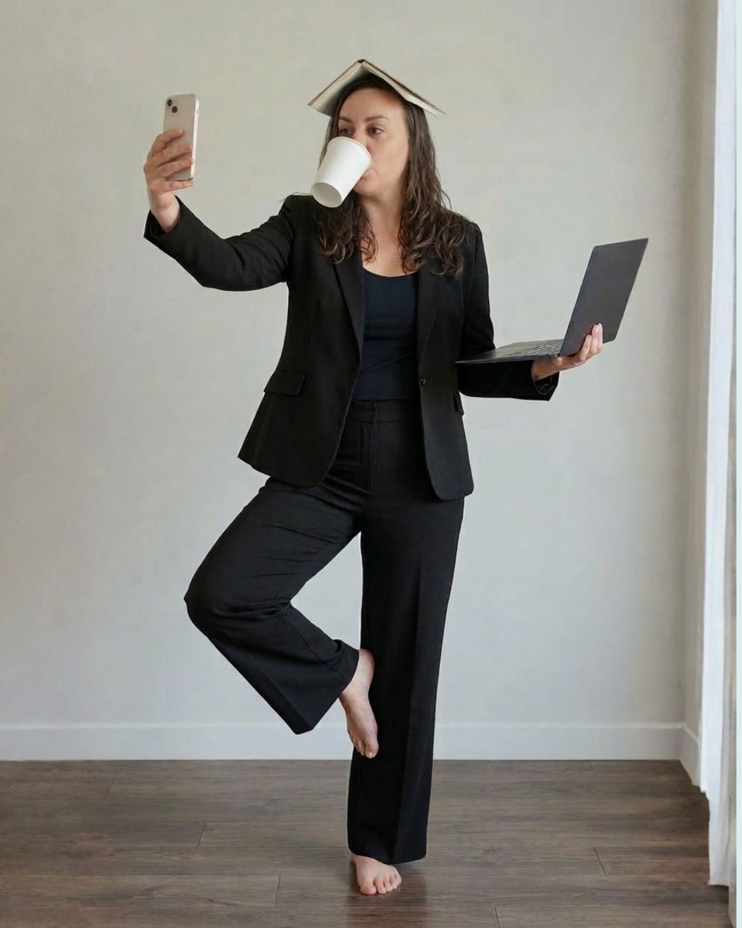 Brenda of Informed Tech Solutions juggling a laptop, coffee, and book on her head to illustrate why female attorneys need workflow automation