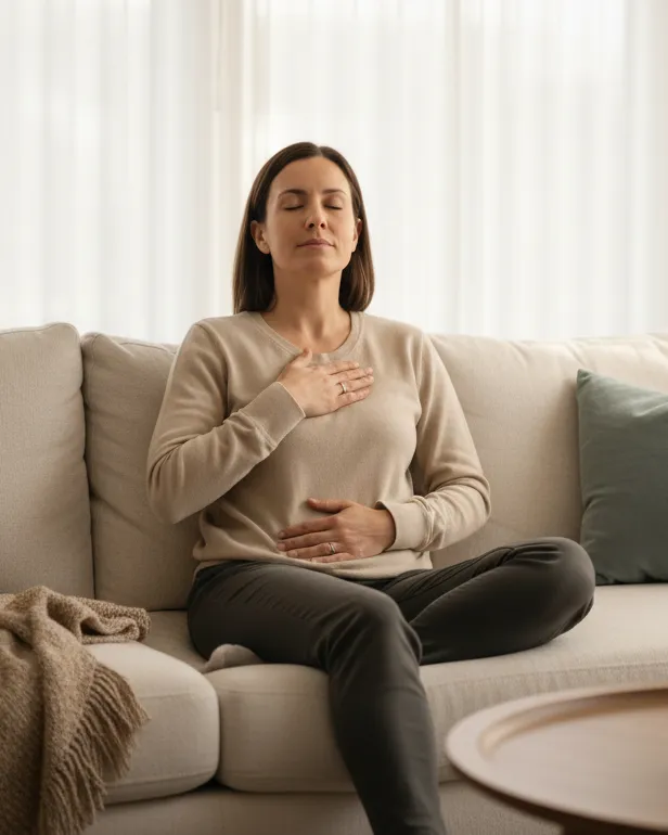 Calm woman reflecting and listening to her body signals