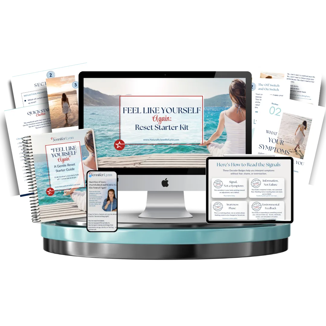 Stacked mockup of the Gentle Reset guidebook, planners, and digital resources