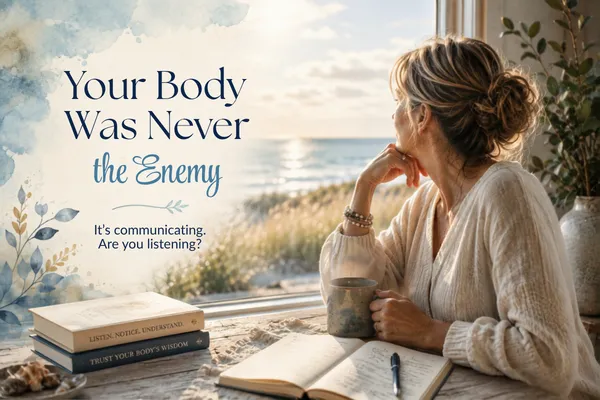 Woman journaling by the ocean at sunrise for Your Body Was Never the Enemy