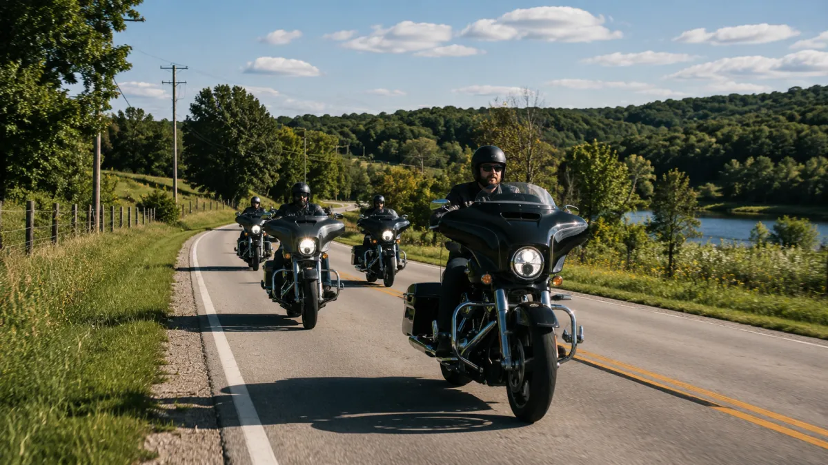 Motorcyclist riding a scenic country road outside Chicago on a sunny day