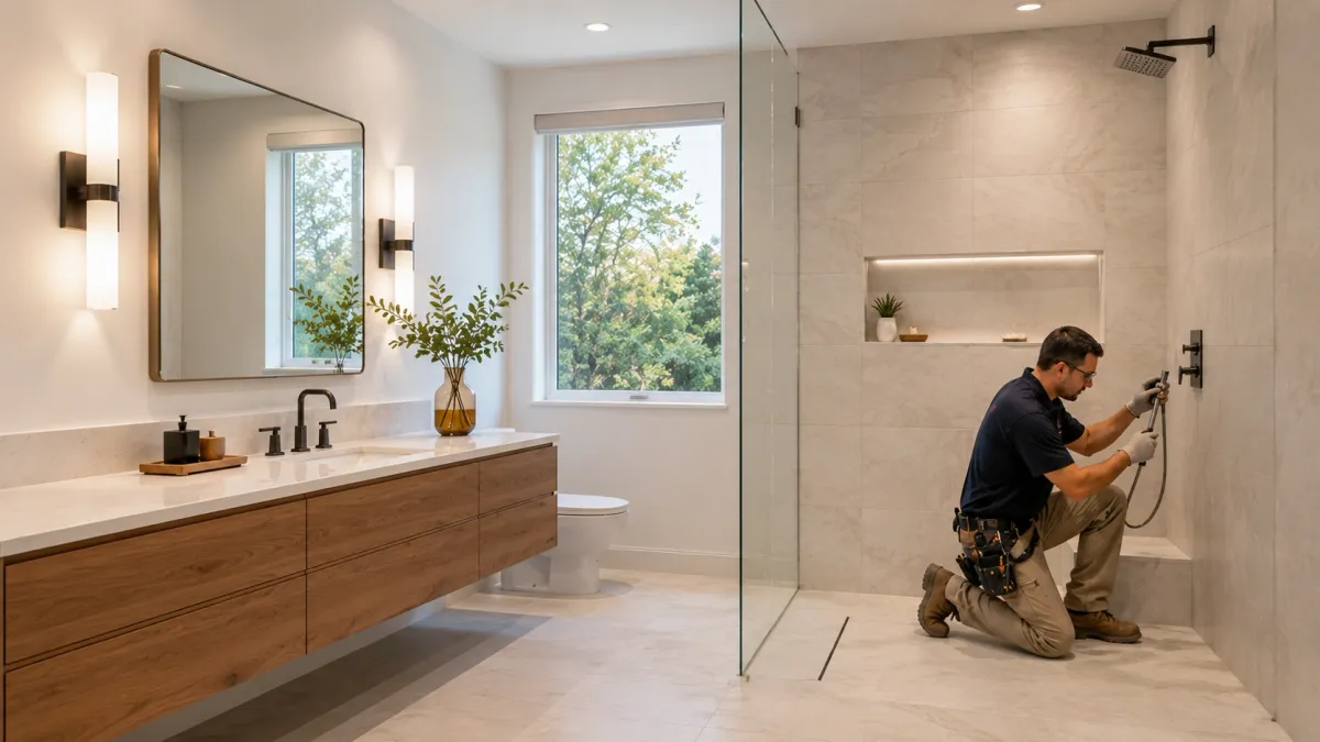 Luxury Inland Empire estate bathroom with frameless shower, freestanding tub, custom cabinetry, and professional remodeling technician completing final fixture adjustments.