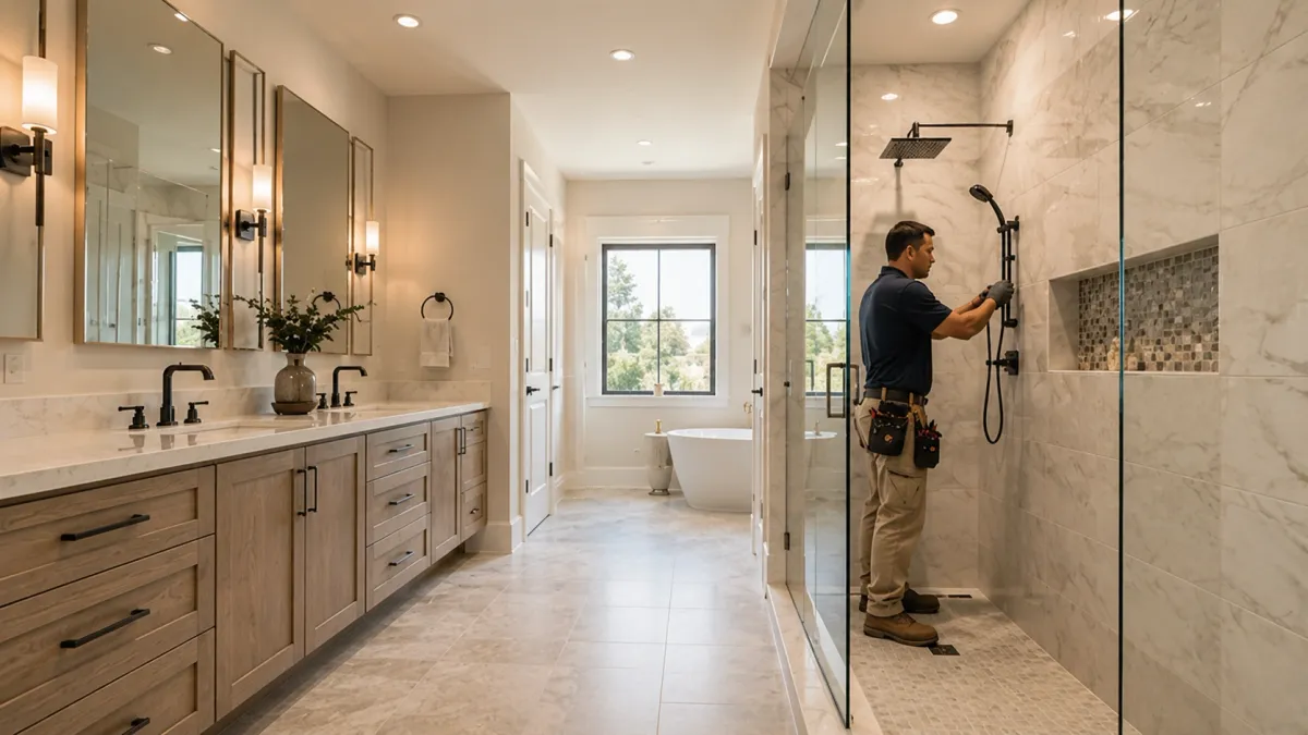 Modern spa-inspired bathroom remodel in Loma Linda CA with curbless shower, large-format porcelain tile, floating wood vanity, and technician installing premium bathroom finishes.