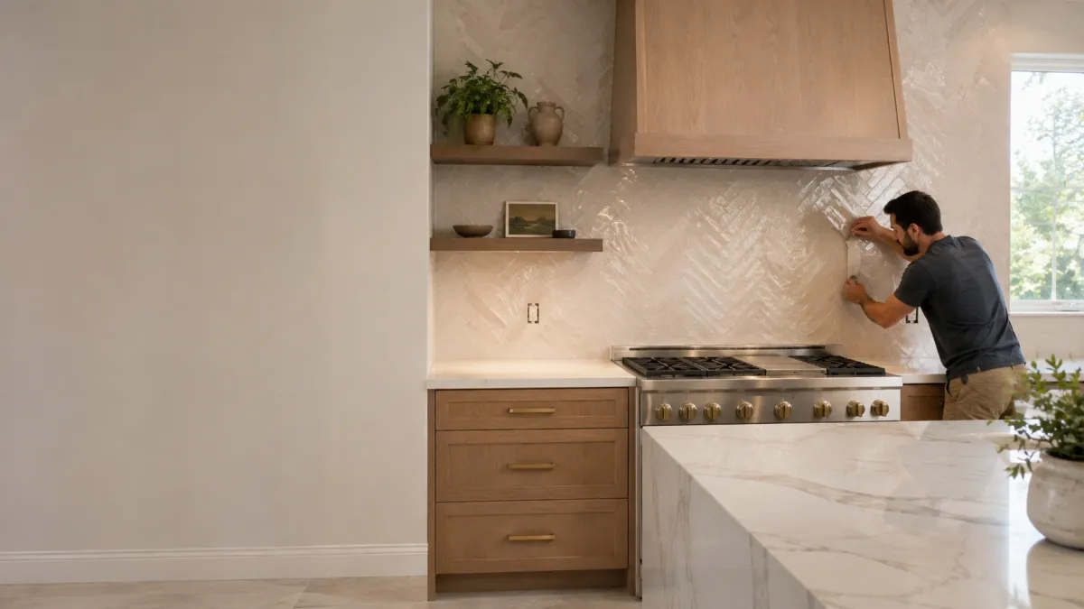 Professional backsplash installation in Loma Linda kitchen featuring herringbone tile, custom cabinetry, stone countertops, and skilled technician.