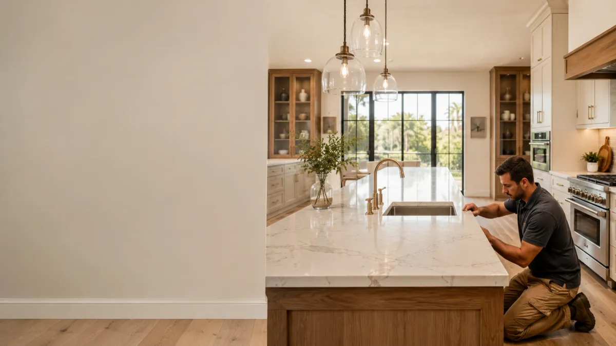 Luxury countertop installation in Loma Linda kitchen featuring stone island countertop, custom cabinetry, brass fixtures, and professional installer.