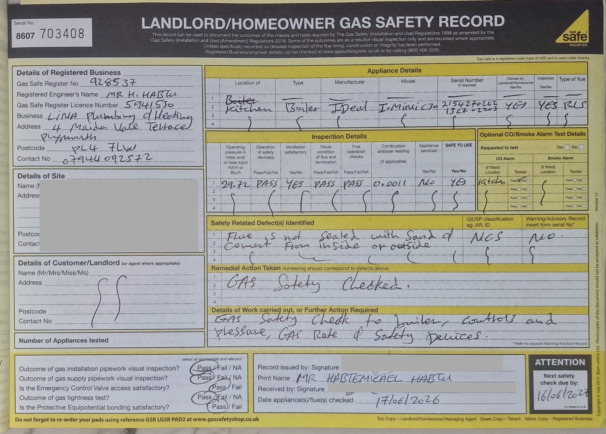 Completed CP12 landlord homeowner gas safety record certificate by Gas Safe engineer in Plymouth