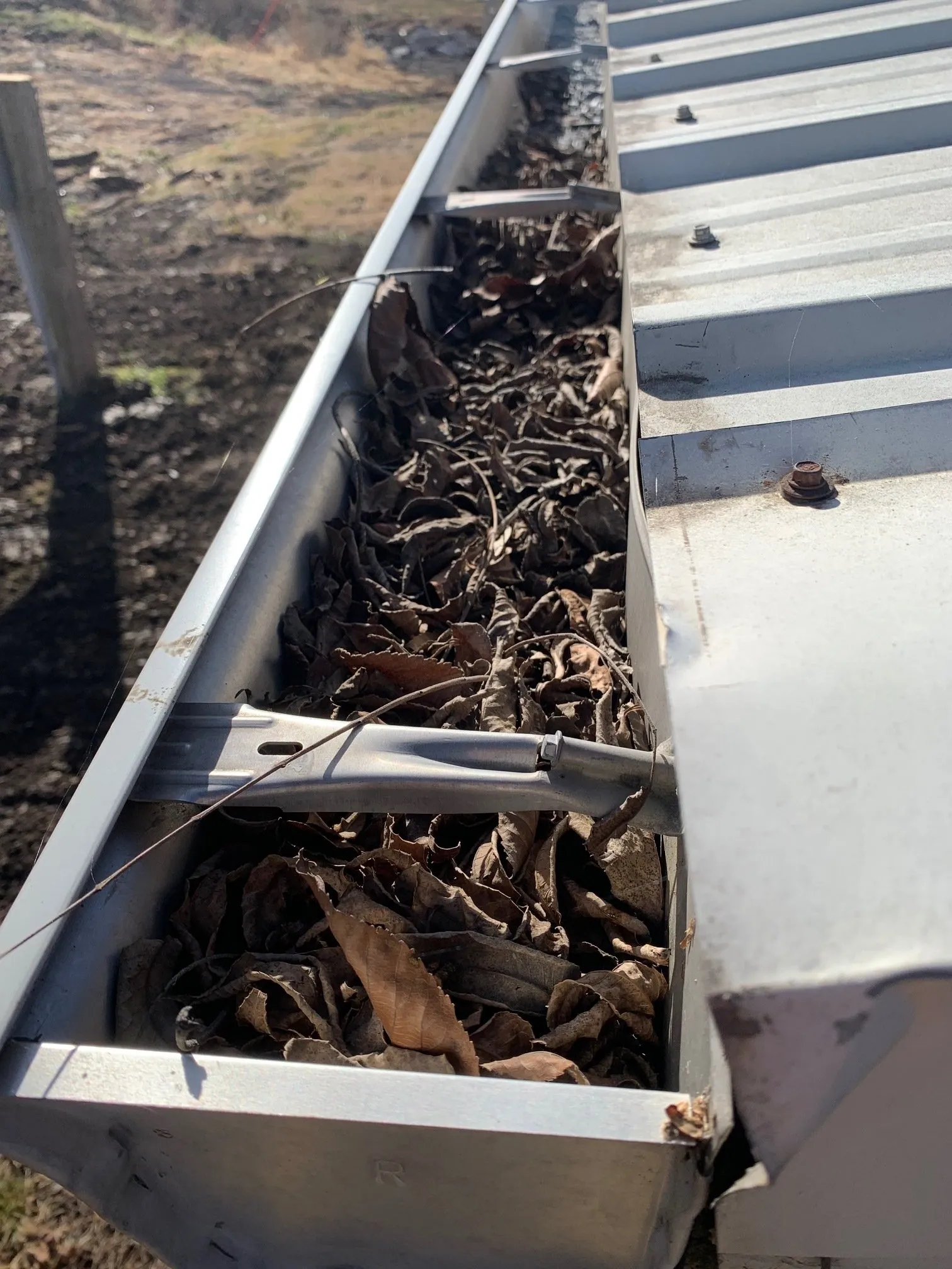 Dirty commercial gutters filled with leaves on a metal building in Albany Ga