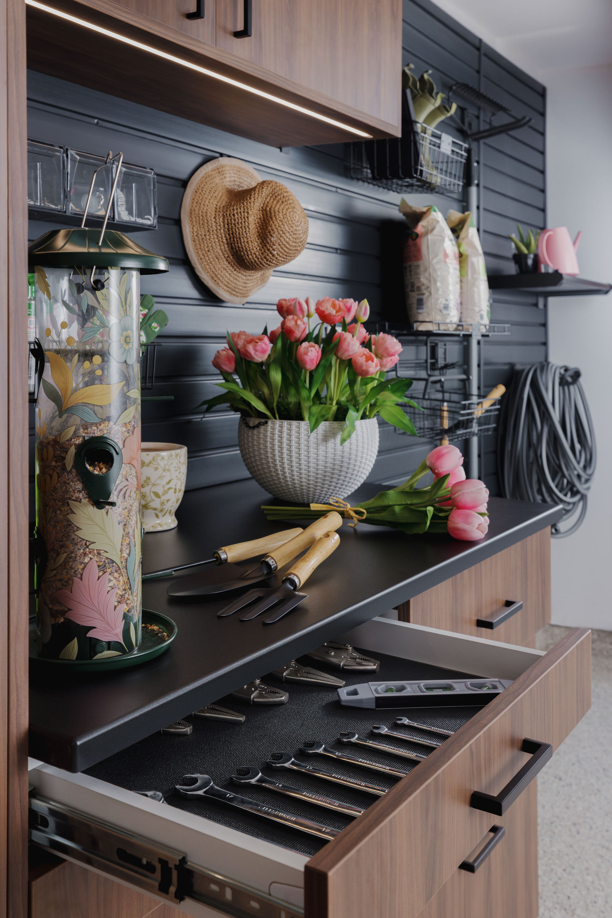 Modern custom garage cabinet design for streamlined residential tool and home organization