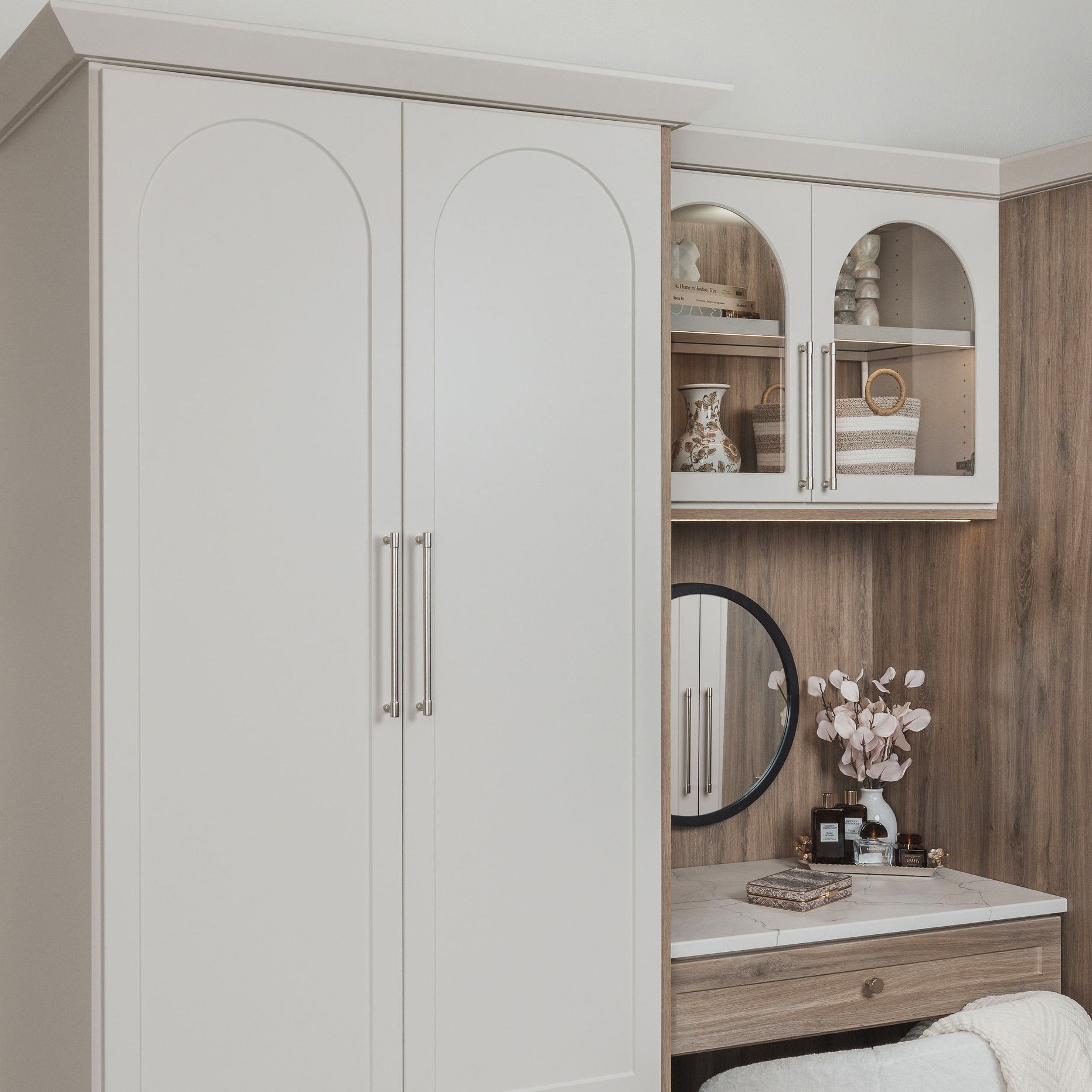 Custom drift and white wardrobe closet with sleek modern handles