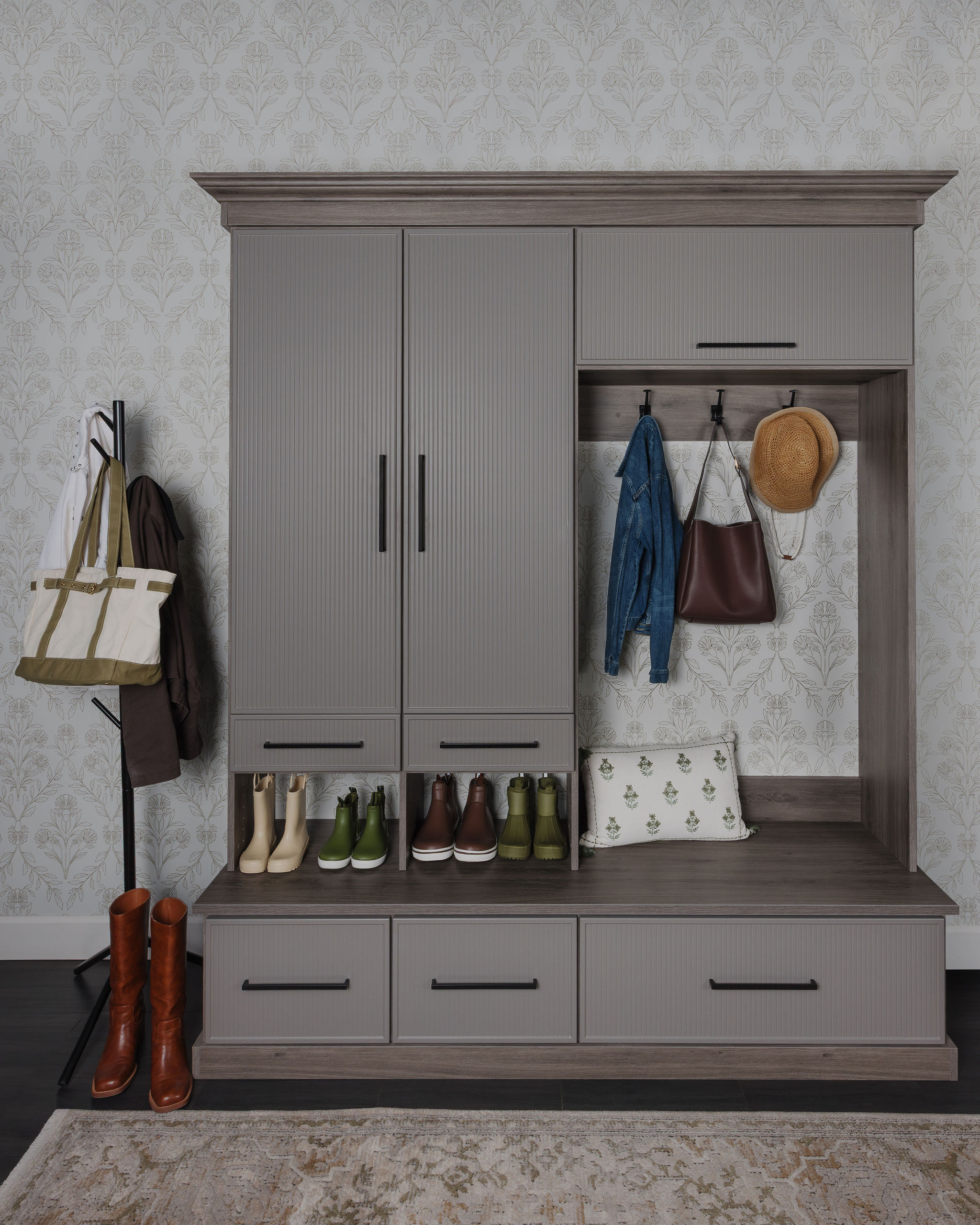 Custom ash and falcon gray mudroom storage lockers with a built in seating bench
