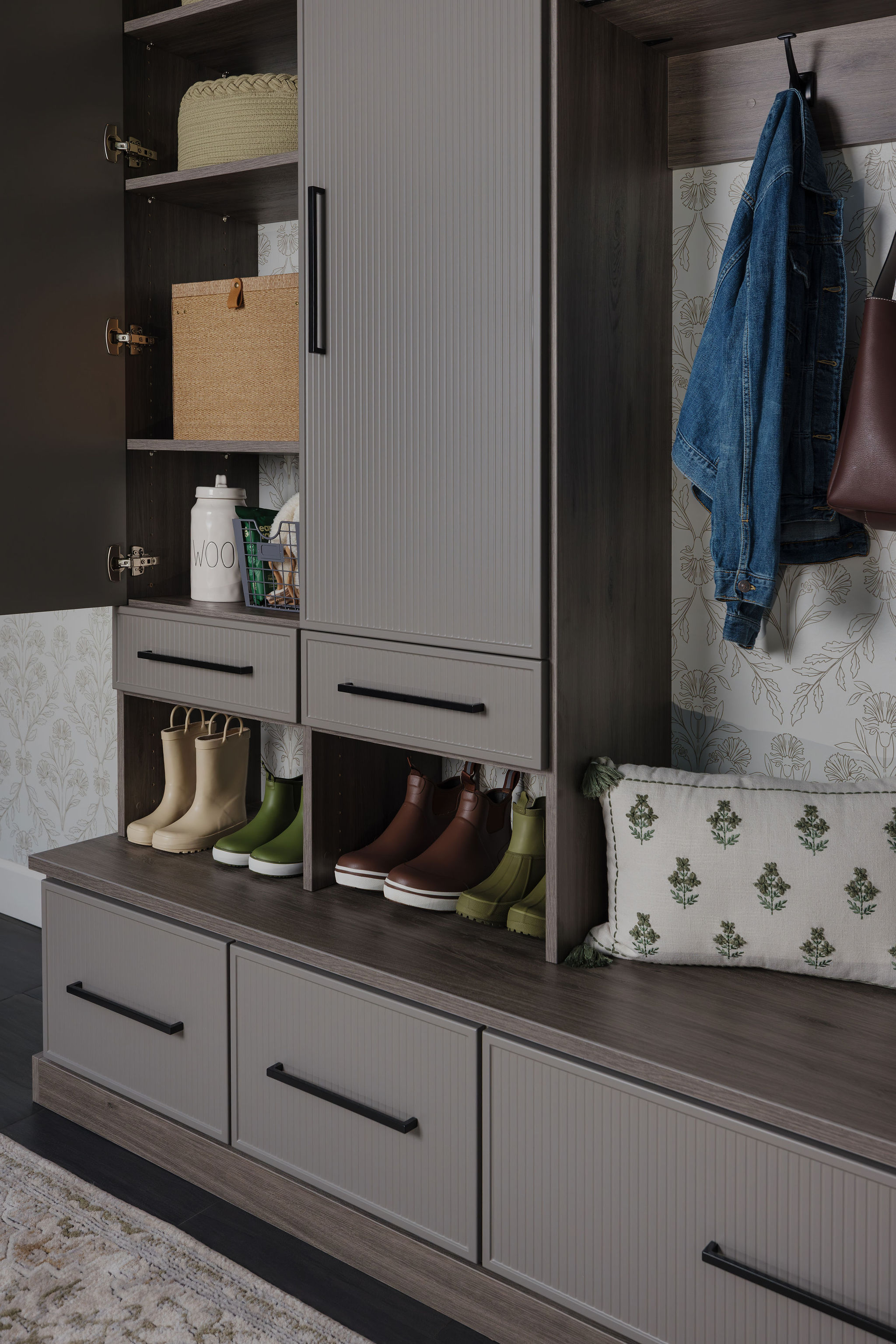 Premium grey mudroom organizer unit custom installed by a contractor in Fort Lauderdale