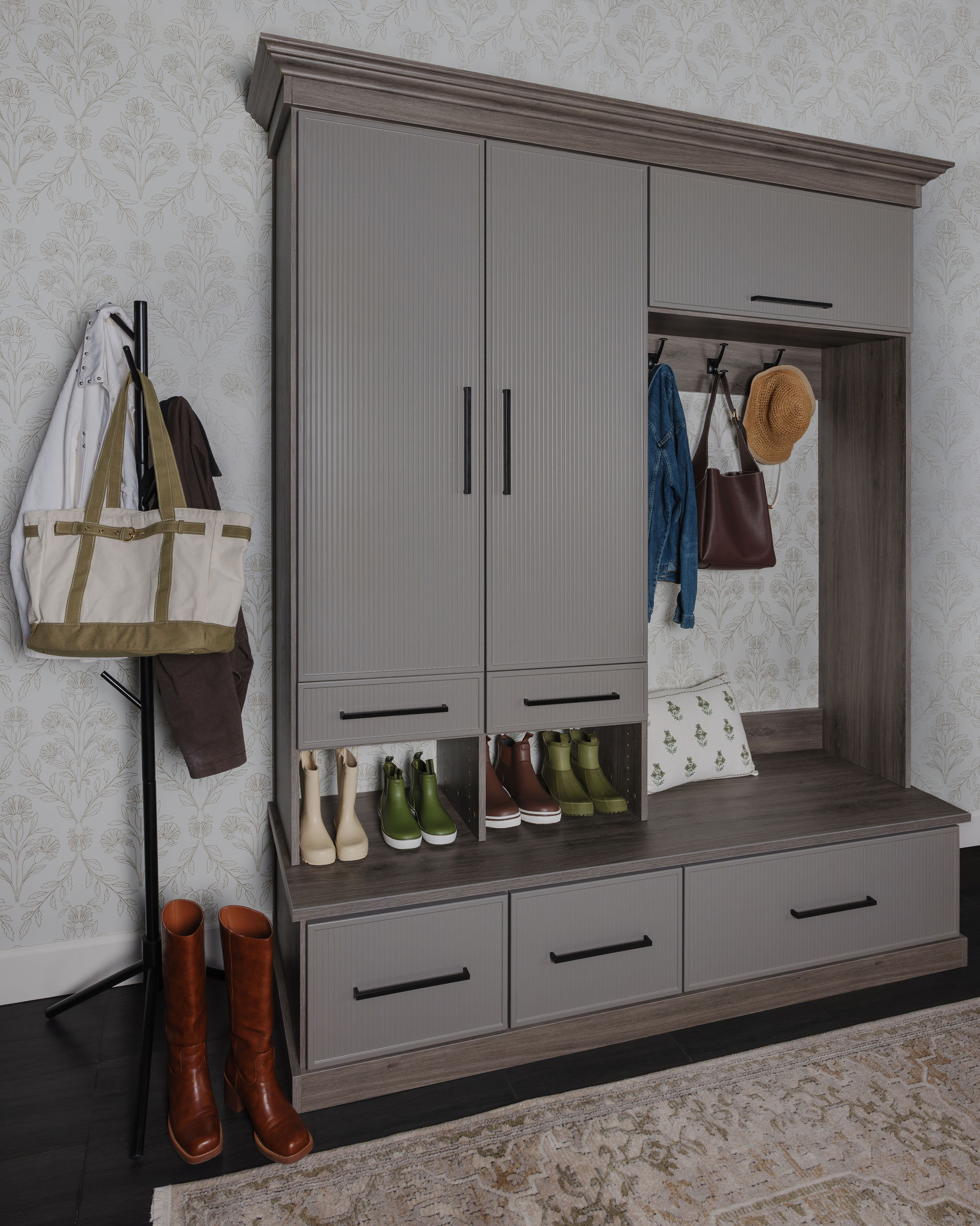 High end custom mudroom seating benches designed for a modern luxury home entryway