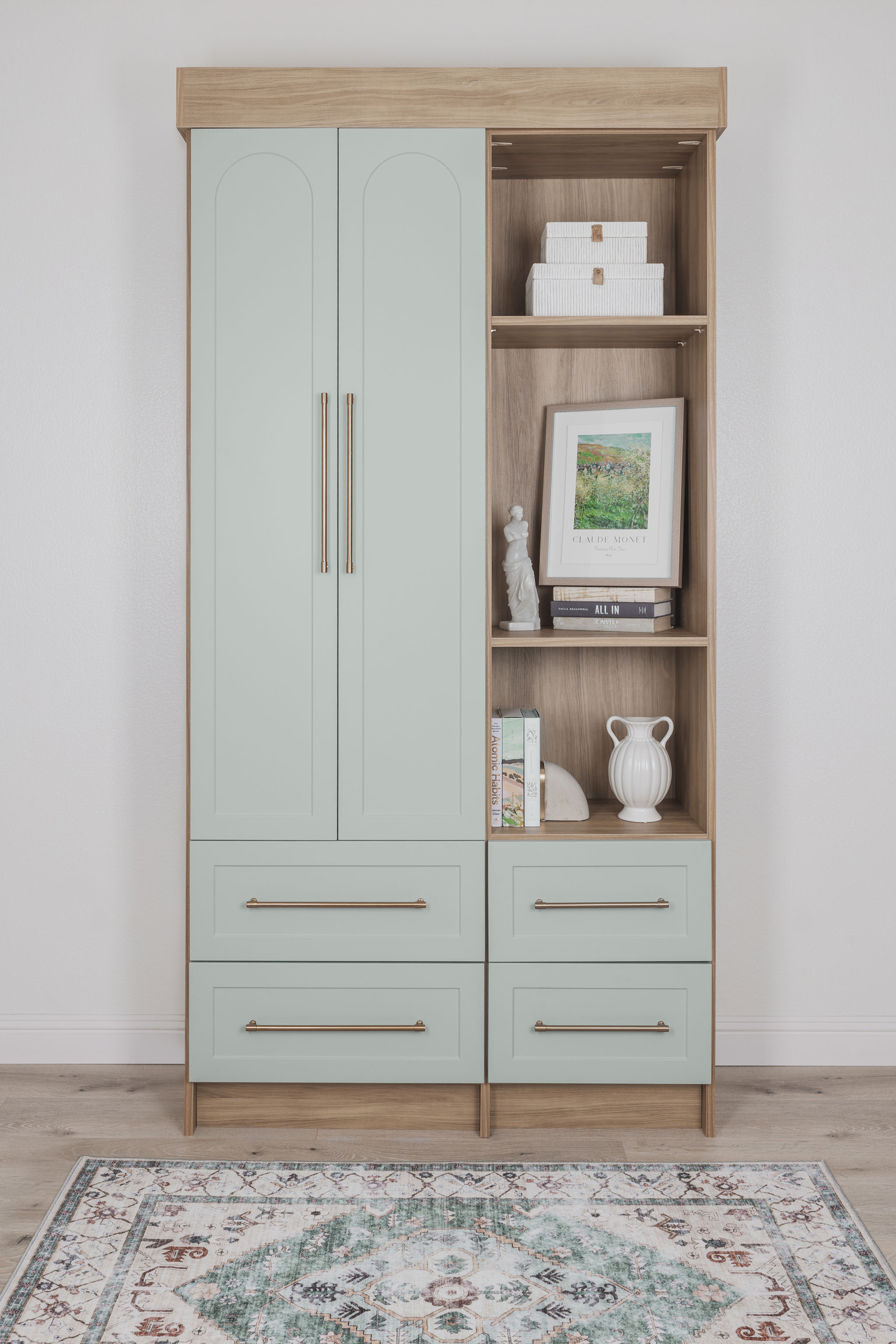 Custom dakota wood bookshelf unit featuring built in storage drawers and open upper display shelving