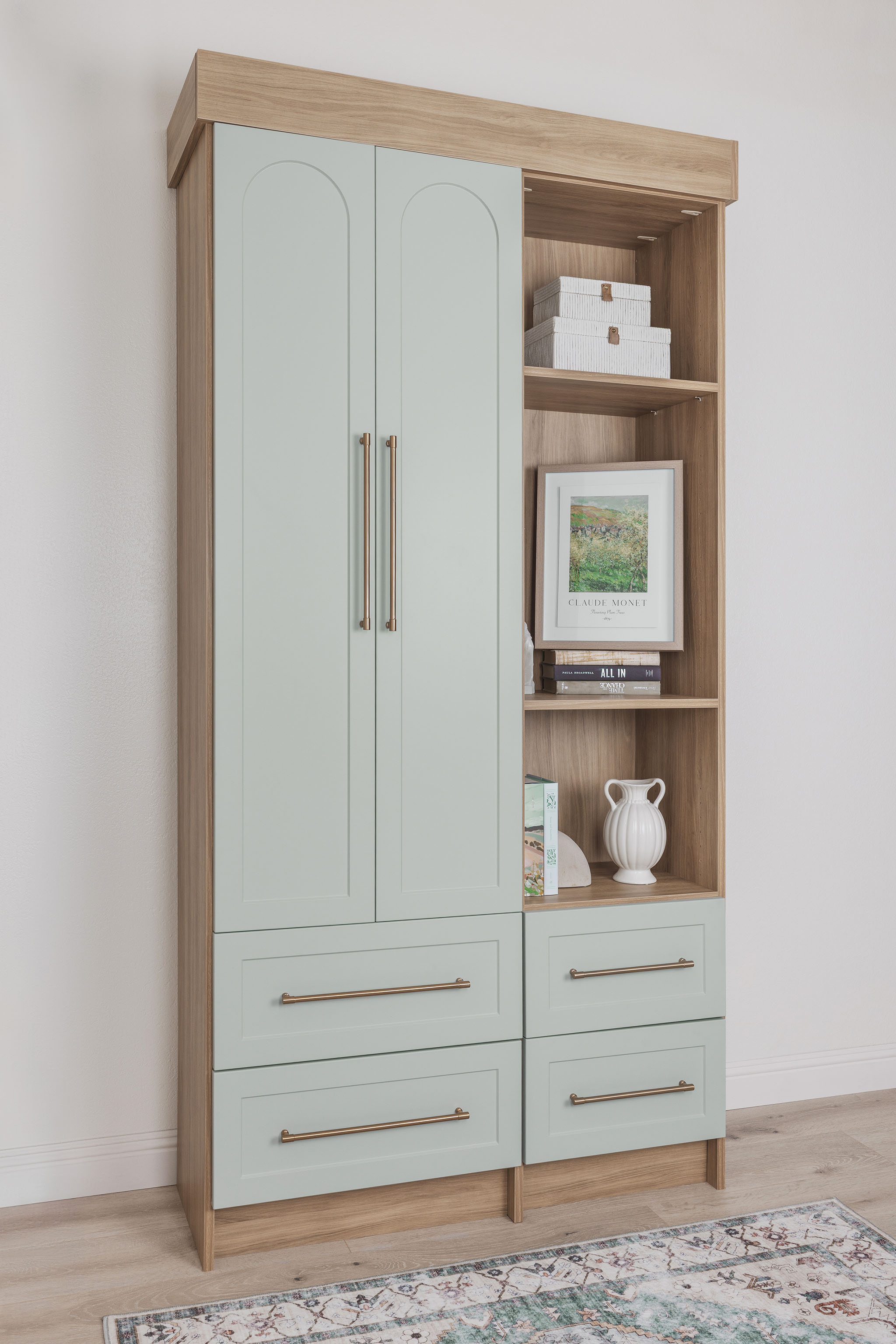 Modern dew green arch door custom cabinetry built for a premium home office library system