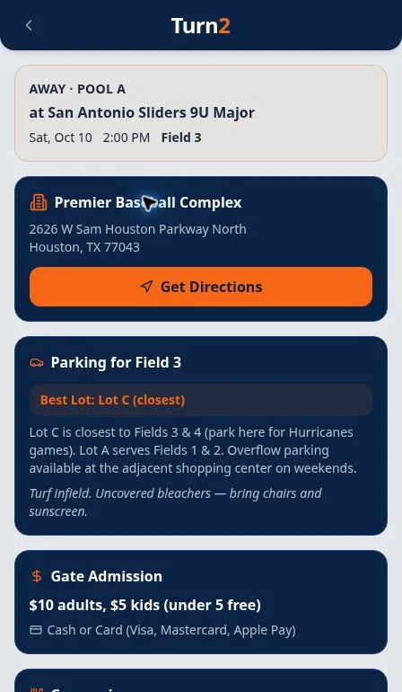 Actual Turn2 Game Day venue information prototype screenshot