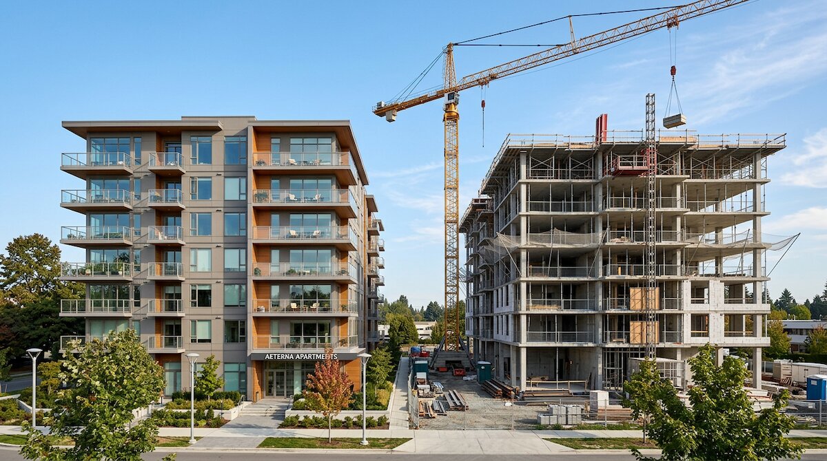 A newly completed apartment building next to one still under construction on a clear day