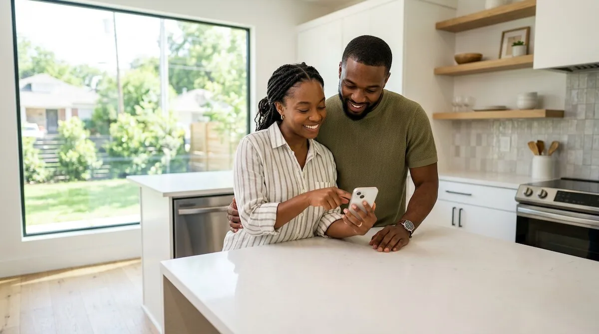 A Black couple in their late twenties compare notes on a phone in the kitchen of a home they are touring.
