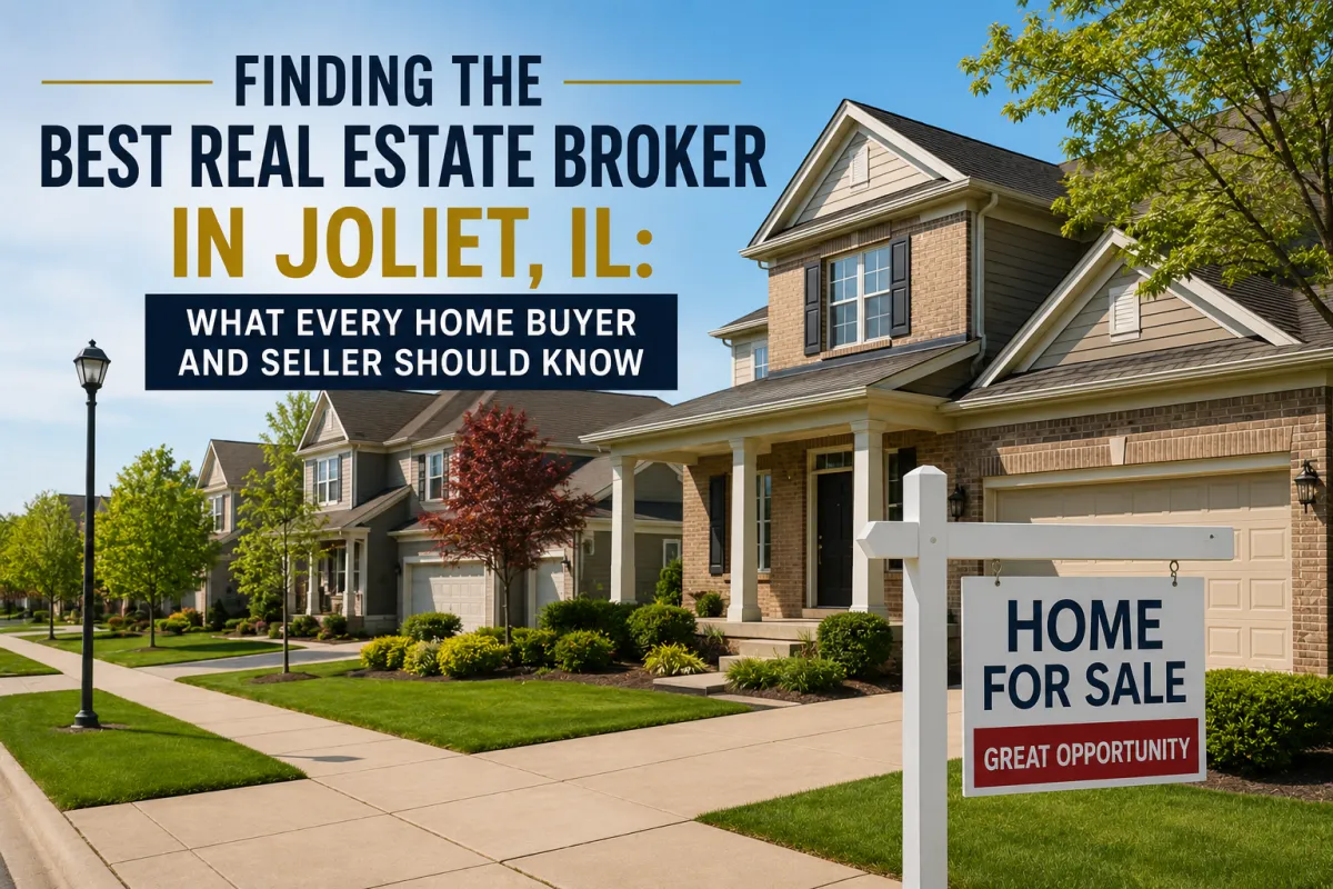 Finding the best real estate broker in Joliet, IL with a guide for home buyers and sellers, featuring a modern suburban neighborhood and homes.