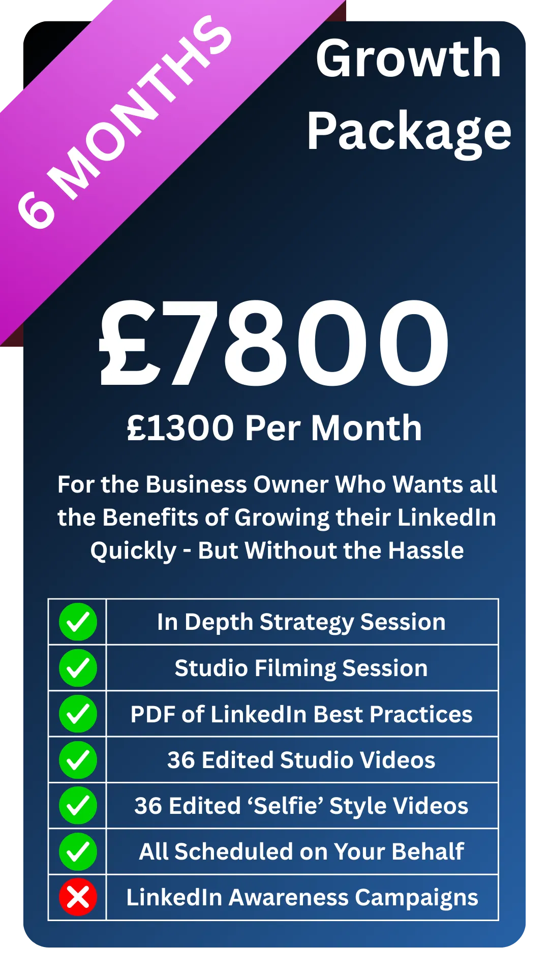 Done-for-you LinkedIn content growth package for busy founders and CEOs - includes 36 studio videos, 36 selfie-style videos, scheduling support, and tailored strategy to grow authority and visibility over six months. Filmed in our Norwich Film Studio.