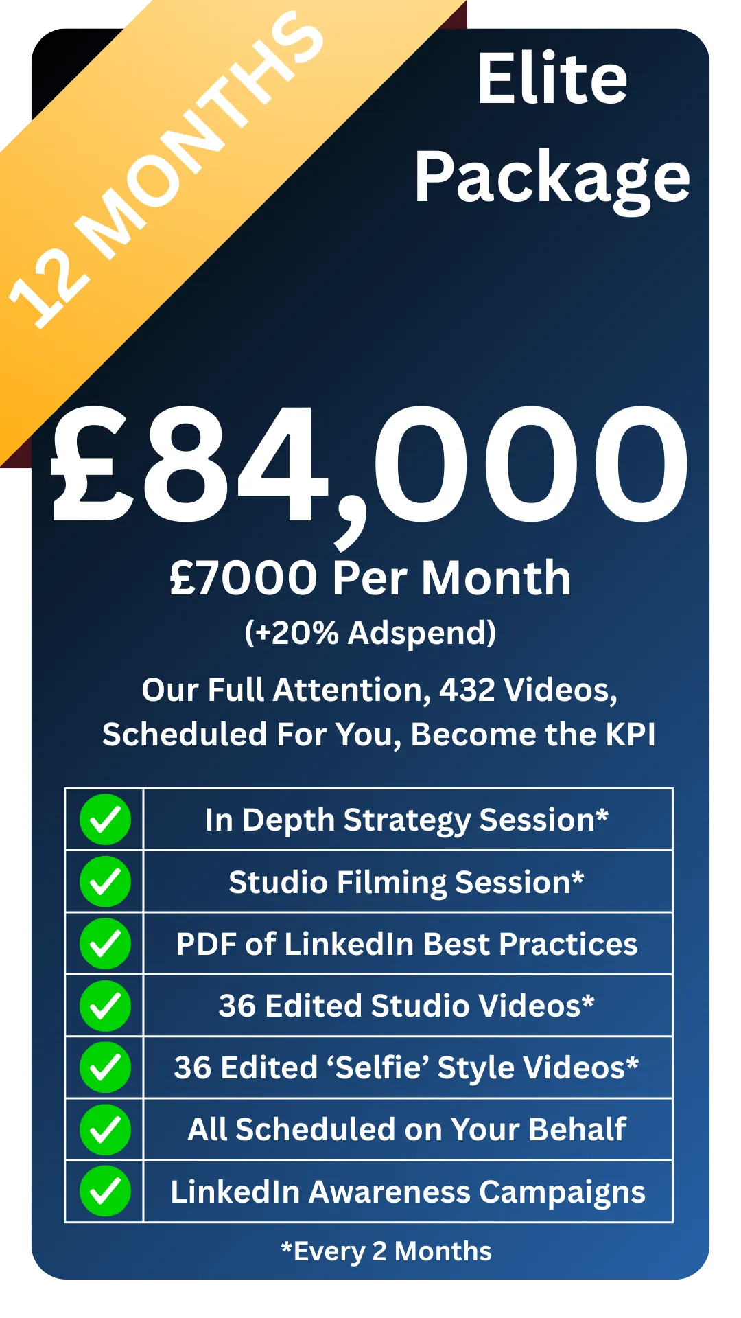 Elite LinkedIn personal branding service for entrepreneurs and business leaders - includes 432 videos per year, full strategy and scheduling, and high-converting content creation with managed awareness campaigns. Filmed in our Norwich Studio.