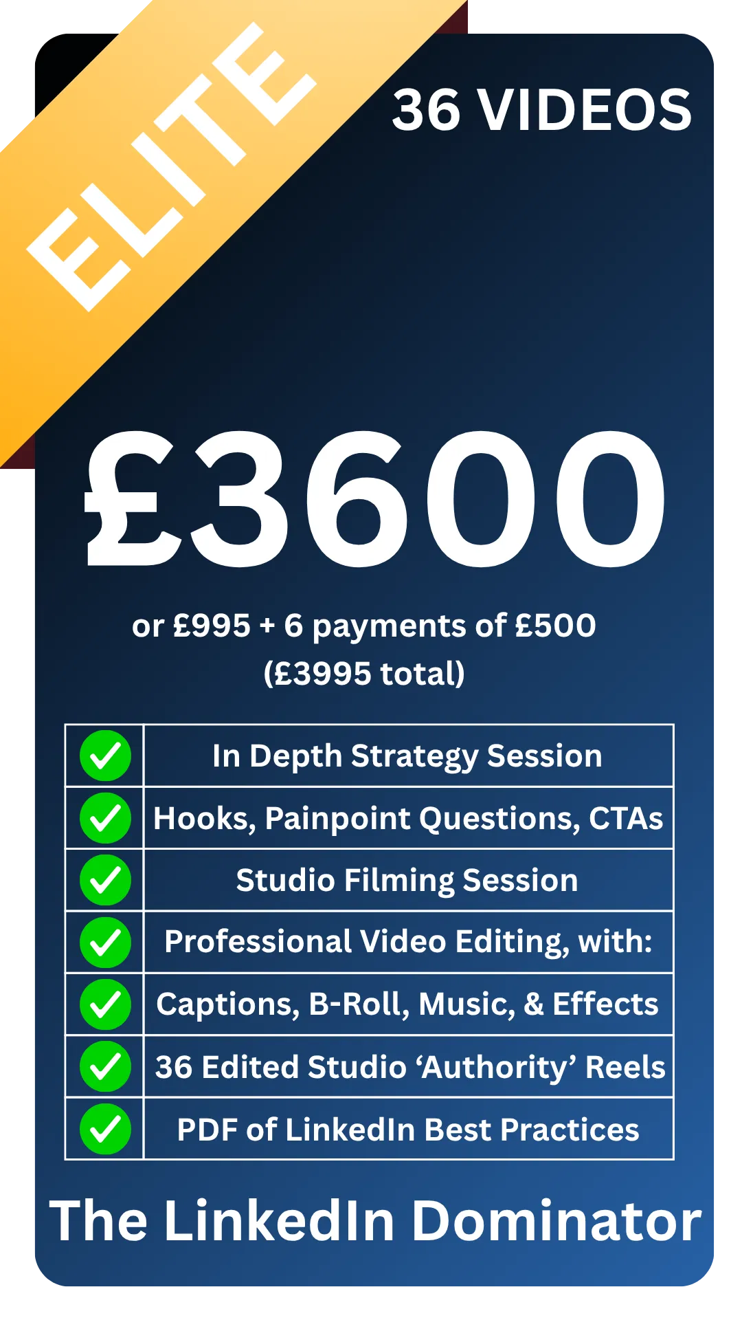 Elite LinkedIn personal branding service for entrepreneurs and business leaders - includes 432 videos per year, full strategy and scheduling, and high-converting content creation with managed awareness campaigns. Filmed in our Norwich Studio.