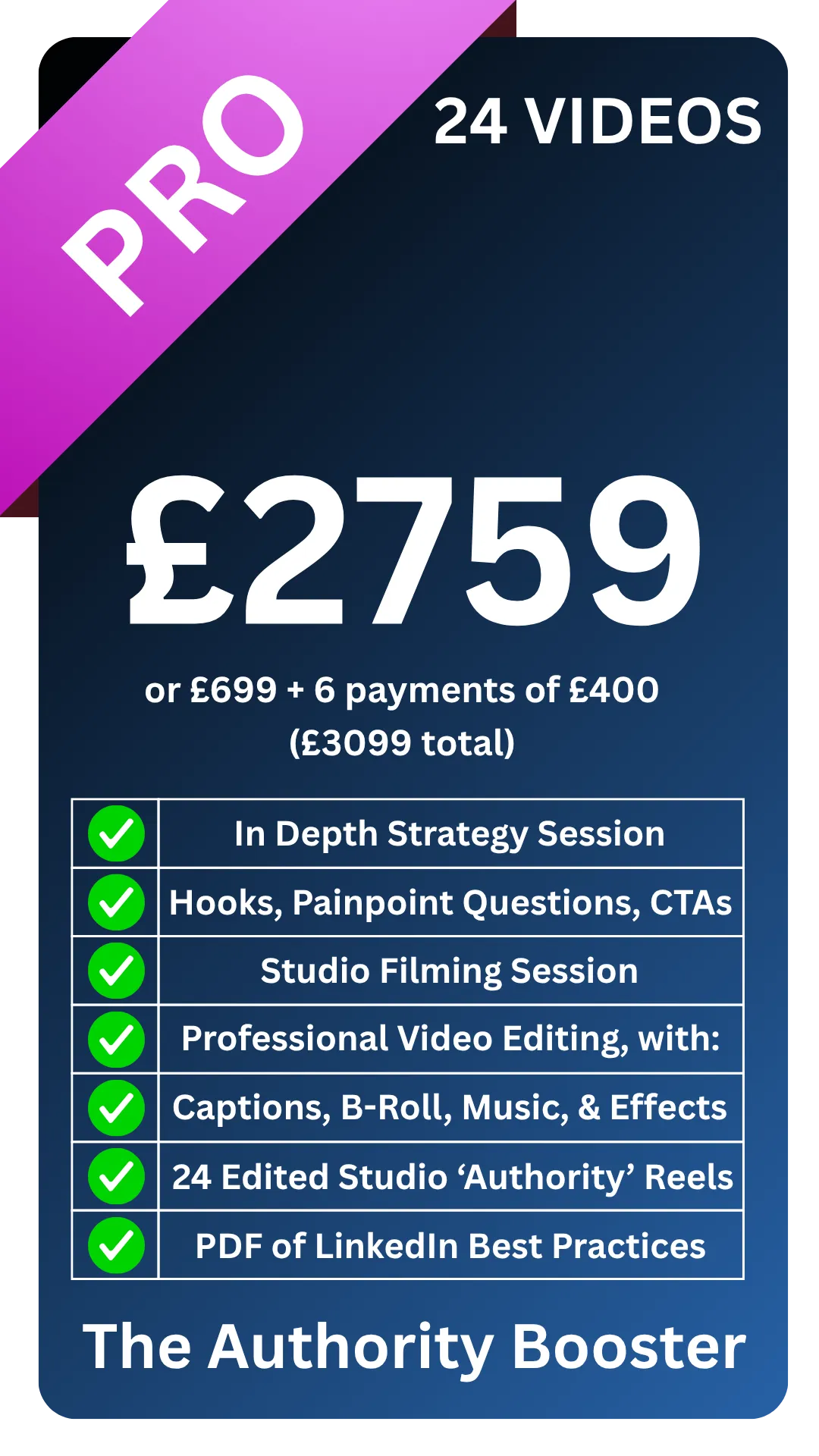 Done-for-you LinkedIn content growth package for busy founders and CEOs - includes 36 studio videos, 36 selfie-style videos, scheduling support, and tailored strategy to grow authority and visibility over six months. Filmed in our Norwich Film Studio.