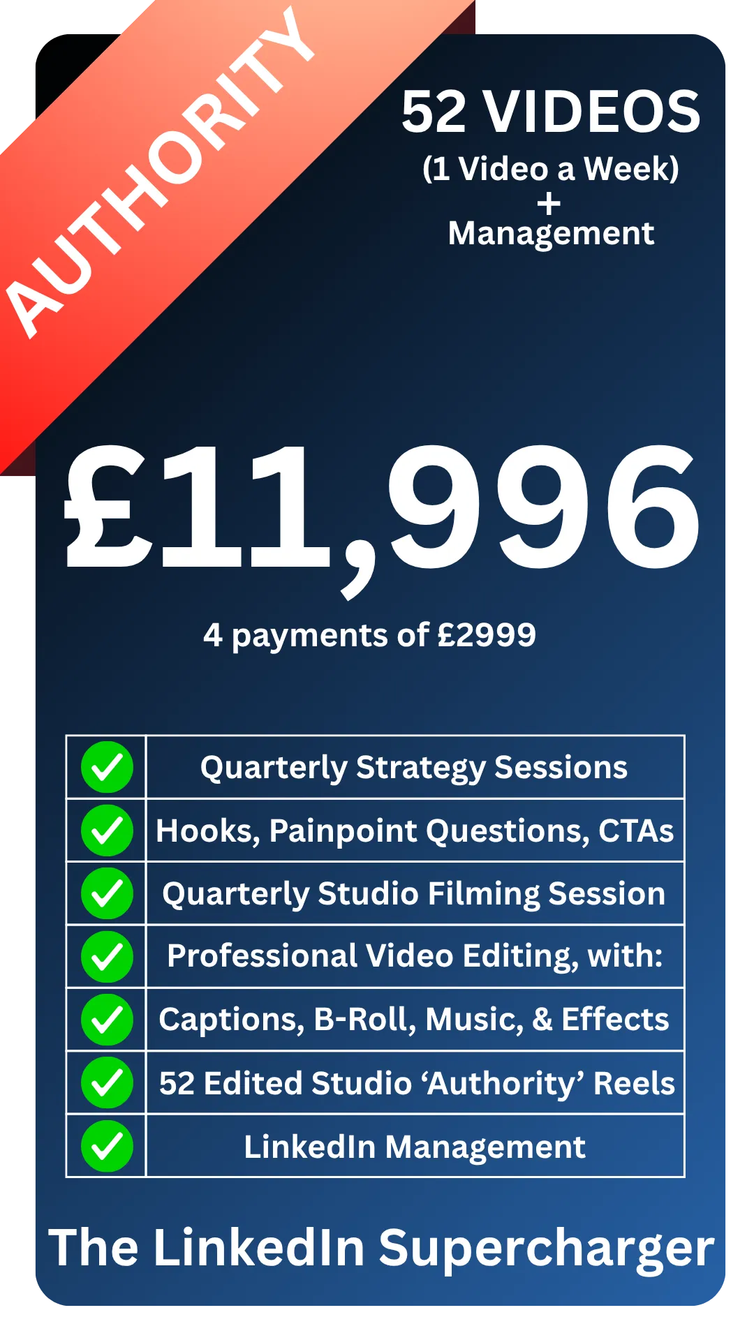 Done-for-you LinkedIn content growth package for busy founders and CEOs - includes 36 studio videos, 36 selfie-style videos, scheduling support, and tailored strategy to grow authority and visibility over six months. Filmed in our Norwich Film Studio.