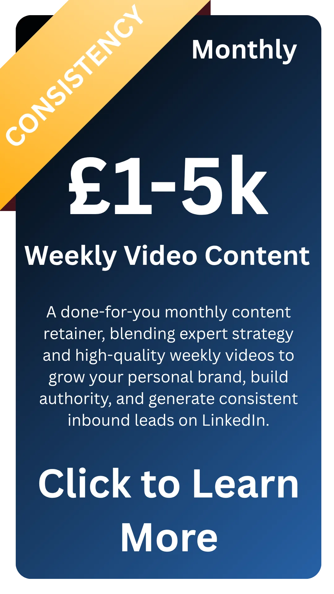 Done-for-you LinkedIn content growth package for busy founders and CEOs - includes 36 studio videos, 36 selfie-style videos, scheduling support, and tailored strategy to grow authority and visibility over six months. Filmed in our Norwich Film Studio.