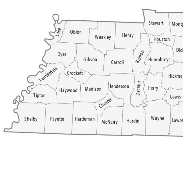 Illustrated service area map showing West Tennessee area by counties.