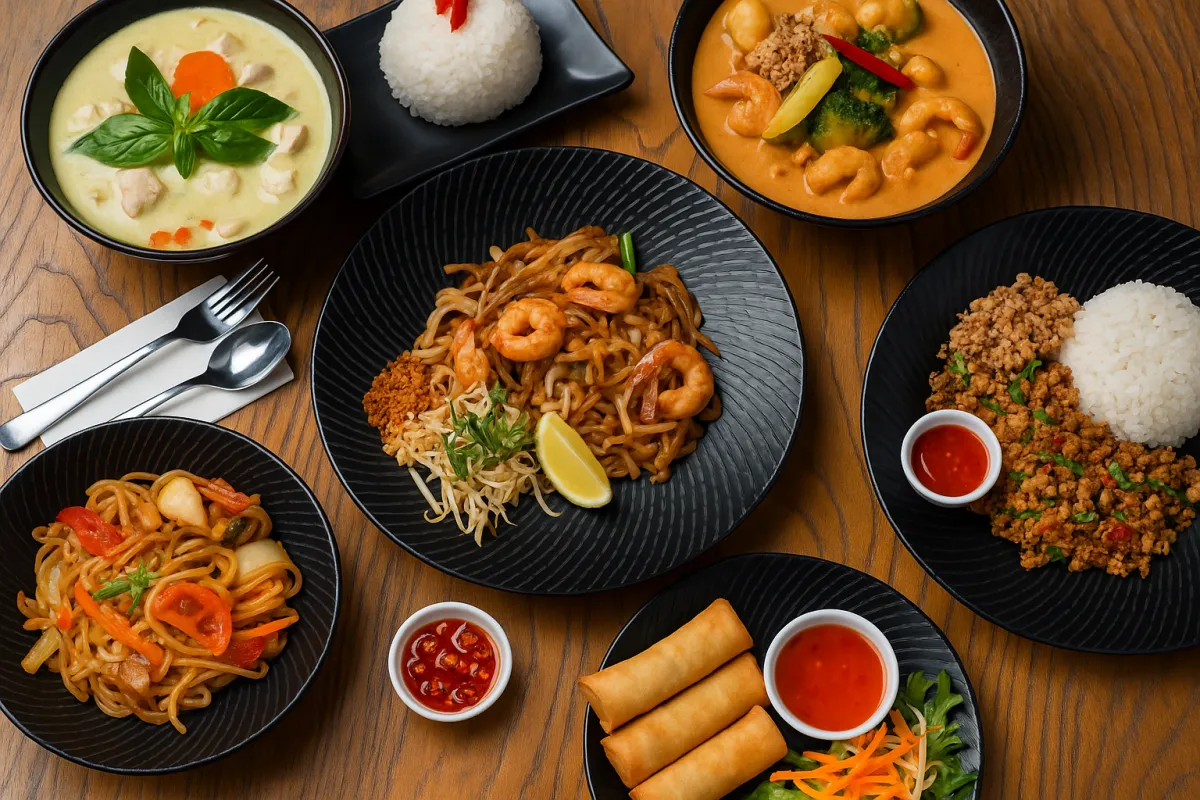 a table is filled with food