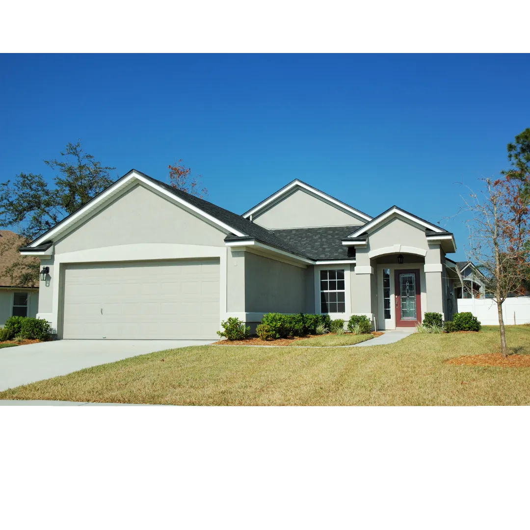 teal house made of stucco