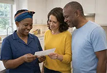 An image of a couple giving their worker her wage