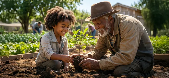 An image of a kid and older man planting a plant together