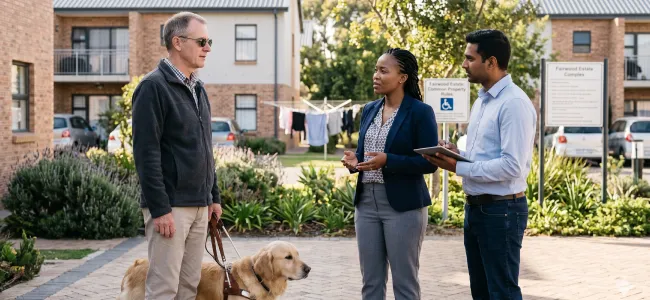 An image of 2 body corporate members talking to a resident who is standing with his dog