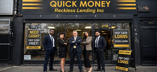 An image of a quick money lending shop with their staff standing in front of the shop.