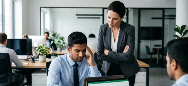 An image of an employee sitting in the office working on his laptop while a manager is staring at him angrily from behind