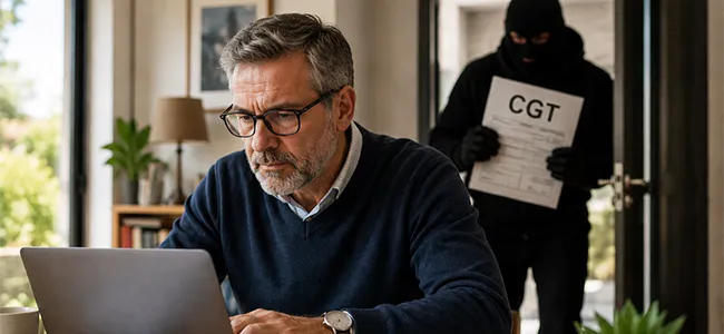 An image of a man working on his laptop while a man is lurking behind him.